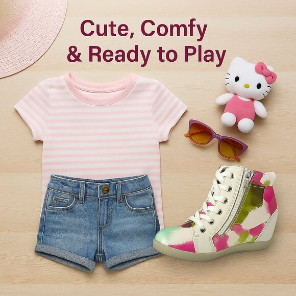 Girls Toddler Lace-Up Cute Flat Sneakers – Fuchsia Watercolor Splash Side Zipper - Picture 2 of 8